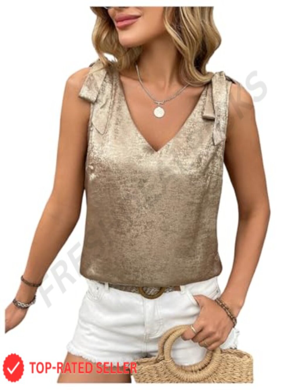 Metallic Tank Top Tie Bow V Neck Dressy Casual Blouse